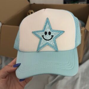 Blue and White Trucker Hat with Smiley Star
